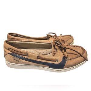Sperry Womens Tan And Navy Leather Boat Shoes Size 5.5